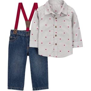 Carter’s Valentine’s Day Heart Striped Button Down w/ Denim Suspender Jeans